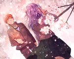  1boy 1girl black_skirt breast_pocket brown_jacket brown_pants brown_vest collared_shirt creat cross_print emiya_shirou fate/stay_night fate_(series) hair_ribbon heaven&#039;s_feel highres homurahara_academy_uniform jacket long_hair long_sleeves matou_sakura neck_ribbon orange_hair pants pocket purple_hair red_ribbon ribbon school_uniform shirt short_hair skirt smile vest violet_eyes white_shirt yellow_eyes 