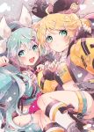  2girls aqua_eyes aqua_hair aqua_jacket aqua_nails arrow_through_heart bangs belt black_bow blonde_hair blush boots bow commentary hair_bow hair_ornament hairclip hana_(mew) hands_up hatsune_miku heart highres jacket kagamine_rin kneehighs long_hair looking_at_viewer multiple_girls nail_polish pouty_lips short_hair short_shorts shorts sleeves_past_wrists smile strapless swept_bangs symbol_commentary thigh_strap tubetop v-shaped_eyebrows vocaloid white_bow yellow_jacket zipper 