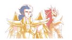  2boys armor golden_armor long_hair posing sagittarius_gestalt saint_seiya saint_seiya:_next_dimension scorpius_escarlate simple_background 