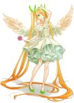  1girl absurdly_long_hair angel angel_wings aqua_eyes bangs blonde_hair bow commentary dress flower full_body green_bow green_dress green_footwear hair_bow hair_ornament hairclip hand_up high_heels highres holding holding_flower kagamine_rin layered_dress long_hair looking_at_viewer one_eye_closed pink_flower shadow smile solo standing swept_bangs twintails very_long_hair vocaloid white_background whiteskyash wings 