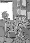  1girl absurdres arm_rest bedroom chair commentary_request greyscale head_back headphones highres indoors messy_room monochrome on_chair original pants pants_rolled_up profile shelf short_hair sitting slouching solo turquoise_iro window 