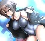  1girl bangs black_jacket black_swimsuit breasts brown_eyes brown_hair collarbone competition_school_swimsuit covered_navel cowboy_shot girls_und_panzer jacket looking_at_viewer medium_breasts nakahira_guy nishizumi_maho open_clothes parted_lips school_uniform short_hair solo swimsuit 