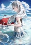  1girl arknights bangs bare_arms bare_shoulders blue_sky clouds commentary day eps3rd eyebrows_visible_through_hair hair_between_eyes long_hair looking_at_viewer no_hat no_headwear outdoors parted_lips red_eyes silver_hair skadi_(arknights) sky solo 