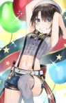  1girl absurdres armpits arms_up balloon bare_shoulders belt black_hair blue_shorts bow bowtie breasts crop_top green_eyes grey_legwear grey_shirt grin highres hololive kanniepan knee_up looking_at_viewer medium_breasts midriff navel oozora_subaru shirt short_hair short_shorts shorts sleeveless sleeveless_shirt smile solo stomach striped striped_shirt suspenders thigh-highs virtual_youtuber 