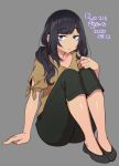 1girl 2020 agawa_ryou artist_name black_hair black_pants blue_eyes collarbone commentary dated grey_background long_hair looking_at_viewer original pants raised_eyebrows signature simple_background solo 