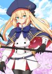  1girl artoria_pendragon_(all) artoria_pendragon_(caster) bangs belt black_gloves black_legwear black_ribbon blonde_hair blue_belt blue_bow blue_capelet blue_headwear blue_sky blush board_game bow breasts capelet closed_mouth clouds cloudy_sky commentary_request cowboy_shot day double-breasted eyebrows_visible_through_hair fate/grand_order fate_(series) gloves go green_eyes hair_ribbon hat holding long_hair long_sleeves looking_at_viewer nahu o-ring_belt outdoors pantyhose ribbon skirt sky smile solo staff striped_belt twintails 