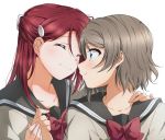  2girls bangs blue_eyes bow bowtie brown_hair closed_eyes closed_mouth collarbone couple eyebrows_visible_through_hair grey_sailor_collar hair_between_eyes hand_on_another&#039;s_shoulder highres long_hair looking_at_another love_live! love_live!_sunshine!! multiple_girls portrait red_bow red_neckwear redhead sailor_collar sakurauchi_riko school_uniform shiny shiny_hair short_hair simple_background smile upper_body uranohoshi_school_uniform watanabe_you white_background yuchi_(salmon-1000) yuri 