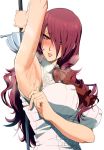  1girl arm_up armpits bangs bare_arms bare_shoulders blush breasts covered_nipples hair_over_one_eye highres ishii_takamori kirijou_mitsuru large_breasts long_hair looking_at_viewer open_mouth persona persona_3 rapier redhead see-through solo steam sweat sword weapon 