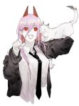  +_+ 1girl :d black_jacket black_neckwear cat chainsaw_man fang fingernails hair_between_eyes hand_up horns jacket long_hair long_sleeves looking_at_viewer nail_polish necktie neko_(ganecooo) open_clothes open_jacket open_mouth paw_pose pink_hair power_(chainsaw_man) red_eyes shirt simple_background smile solo upper_body white_background white_cat white_shirt 