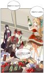  1girl 2boys absurdres alcohol blonde_hair bottle box choker dress food_fantasy formal gift gift_box gingerbread_(food_fantasy) highres horns jacket long_hair multiple_boys navel_cutout official_art pointy_ears purple_hair red_wine_(food_fantasy) redhead short_hair short_ponytail shoulder_pads sitting steak_(food_fantasy) suit symbol-shaped_pupils translation_request wine wine_bottle 