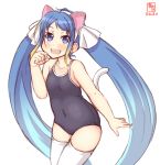  1girl alternate_hairstyle animal_ears artist_logo bangs black_swimsuit blue_eyes blue_hair cat_ears cat_tail collarbone commentary_request competition_school_swimsuit covered_navel dated flat_chest gradient_hair highres kanon_(kurogane_knights) kantai_collection leaning_forward long_hair looking_at_viewer multicolored_hair paw_pose samidare_(kantai_collection) school_swimsuit simple_background smile solo swept_bangs swimsuit tail thigh-highs twintails very_long_hair white_background white_legwear 
