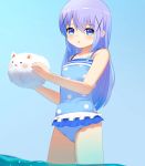  1girl angora_rabbit blue_eyes blue_hair blush chikuwa_ana1 gochuumon_wa_usagi_desu_ka? kafuu_chino polka_dot polka_dot_swimsuit rabbit swimsuit tippy_(gochiusa) 