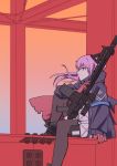 1girl ar-15 arm_support commentary_request construction_site evening from_side girls_frontline gloves gun jacket long_hair mod3_(girls_frontline) orange_sky pink_hair profile red_eyes redz rifle scope sidelocks sky solo st_ar-15_(girls_frontline) thigh-highs weapon 
