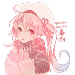 1girl ahoge character_name character_request dated gradient_hair kantai_collection kasumi_(skchkko) long_sleeves looking_at_viewer multicolored_hair parted_lips pink_hair pink_theme scarf signature simple_background solo sweater twitter_username upper_body white_background 