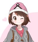  1girl ;) backpack bag beanie blush bob_cut brown_eyes brown_hair cardigan closed_mouth commentary gen_7_pokemon grey_cardigan hat heart highres hooded_cardigan ixia_(ixia424) legendary_pokemon looking_at_viewer one_eye_closed pink_background pink_headwear pink_shirt pokemon pokemon_(game) pokemon_swsh shirt short_hair smile solo tapu_lele themed_object two-tone_background upper_body white_background yuuri_(pokemon) 