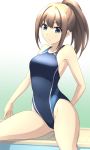  1girl blue_background blue_swimsuit breasts brown_hair collarbone commentary_request competition_swimsuit cowboy_shot gradient gradient_background green_eyes idolmaster idolmaster_cinderella_girls long_hair medium_breasts one-piece_swimsuit pataniito ponytail shibuya_rin sitting solo swimsuit 