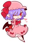  1girl ascot bat_wings bow dress fang frilled_shirt frilled_shirt_collar frilled_sleeves frills hat hat_ribbon highres light_purple_hair mob_cap one_eye_closed op_na_yarou pink_dress pink_headwear puffy_short_sleeves puffy_sleeves purple_hair red_bow red_eyes red_footwear red_neckwear red_ribbon remilia_scarlet ribbon sash shirt short_hair short_sleeves simple_background smile solo touhou white_background wings wrist_cuffs 