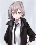  1girl absurdres ahoge amamura_tsuo bangs brown_hair commentary_request earrings expressionless girls_frontline hair_between_eyes hand_on_hip highres jacket jewelry looking_at_viewer m200_(girls_frontline) necktie older open_clothes open_jacket ponytail shirt short_hair solo white_shirt 