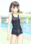  1girl absurdres bench black_eyes black_hair black_swimsuit blurry cowboy_shot day depth_of_field flat_chest highres looking_to_the_side low_twintails old_school_swimsuit original outdoors pool school_swimsuit short_hair solo standing string_of_flags swimsuit takafumi twintails 