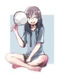  1girl barefoot black_hair blue_background blue_shirt crossed_ankles fan full_body glasses heavy_breathing highres holding holding_fan long_hair mgnkz original paper_fan shirt short_sleeves shorts simple_background sitting sketch solo sweatdrop tongue tongue_out uchiwa 