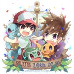  2boys bangs baseball_cap brown_hair bulbasaur charmander commentary_request confetti copyright_name eye_contact fighting fire gen_1_pokemon hat holding holding_pokemon kokoroko leaf looking_at_another lowres multiple_boys ookido_green open_mouth pokemon pokemon_(creature) pokemon_(game) pokemon_rgby purple_shirt red_(pokemon) red_eyes shirt spiky_hair squirtle teeth tongue violet_eyes watermark 