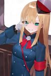  1girl aqua_eyes armband bangs bebe_pp blonde_hair blue_jacket blush breasts buttons fate_(series) gloves grin hat highres jacket long_hair long_sleeves looking_at_viewer lord_el-melloi_ii_case_files peaked_cap reines_el-melloi_archisorte small_breasts smile tilted_headwear v 
