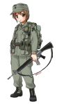  1girl ar-15 backpack bag black_footwear boots brown_eyes brown_hair cross-laced_footwear ebifly green_headwear green_jacket green_pants gun hat holding holding_gun holding_weapon jacket looking_at_viewer military military_uniform original pants parted_lips pouch rifle short_hair soldier solo twitter_username uniform weapon 