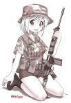  1girl :d ankle_boots belt boots brown_theme camouflage_shirt ebifly eyebrows_visible_through_hair gun hat highres holding holding_gun holding_weapon kneeling looking_at_viewer monochrome open_mouth original pouch rhodesia rifle shirt short_hair short_sleeves shorts simple_background smile solo twitter_username weapon weapon_request white_background 