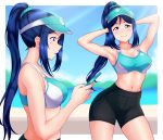  1girl absurdres arms_behind_head arms_up bike_shorts black_legwear blue_hair blue_scrunchie blurry blurry_background breasts cellphone cowboy_shot from_side heavy_breathing highres large_breasts long_hair looking_at_viewer love_live! love_live!_sunshine!! matsuura_kanan multiple_views navel open_mouth phone ponytail scrunchie shiny_faiyaa sidelocks smartphone smile sports_bra violet_eyes visor_cap 