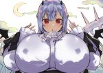  1girl :o blue_hair breasts character_request covered_nipples huge_breasts long_hair looking_at_viewer looking_down moon nuezou parted_lips raised_eyebrows red_eyes solo spikes upper_body 