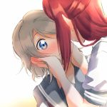  2girls absurdres bangs blue_eyes braid closed_mouth couple french_braid frown grey_hair grey_sailor_collar hair_between_eyes hands_on_another&#039;s_cheeks hands_on_another&#039;s_face highres love_live! love_live!_sunshine!! multiple_girls portrait redhead sailor_collar sakurauchi_riko school_uniform shiny shiny_hair shirt short_hair short_sleeves simple_background swept_bangs tied_hair uranohoshi_school_uniform watanabe_you white_background white_shirt yuchi_(salmon-1000) yuri 