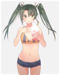  1girl bikini black_shorts breasts collarbone cowboy_shot dark_green_hair denim denim_shorts drink drinking_straw food food_on_face green_eyes grey_background ice_cream ice_cream_float ice_cream_on_face kantai_collection kasumi_(skchkko) long_hair looking_at_viewer navel short_shorts shorts simple_background small_breasts smile solo striped striped_bikini swimsuit twintails zuikaku_(kantai_collection) 