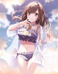  1girl akabino bare_legs bikini bracelet braid breasts brown_eyes brown_hair closed_mouth clouds collarbone commentary_request cowboy_shot eyebrows_visible_through_hair eyewear_removed floral_print flower flower_bracelet flower_necklace frilled_bikini frills hair_ribbon highres holding holding_eyewear idolmaster idolmaster_shiny_colors jacket jewelry medium_breasts medium_hair navel necklace print_bikini purple_bikini ribbon see-through sky smile solo standing sunglasses swimsuit tsukioka_kogane white_jacket 