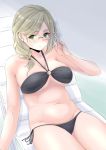  1girl bikini black_bikini blush breasts closed_mouth collarbone cowboy_shot ear_piercing eyebrows_visible_through_hair glasses green_eyes groin highres kantai_collection katori_(kantai_collection) large_breasts light_brown_hair long_hair navel o-ring o-ring_bikini piercing sitting solo swimsuit takomeshi 