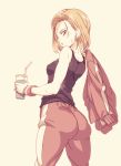  1girl android_18 ass bare_arms bare_shoulders beige_background black_shirt blonde_hair breasts cowboy_shot cup dragon_ball dragon_ball_super drinking_straw earrings expressionless fingernails from_below green_eyes gym_uniform highres holding holding_cup jacket jacket_over_shoulder jacket_removed jewelry looking_back medium_breasts pants pantylines parted_lips pink_pants shirt short_hair simple_background sleeveless sleeveless_shirt solo sweat sweatdrop tasaka_shinnosuke wristband 