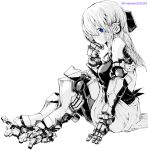  1girl absurdres android artist_name bangs blue_eyes hand_on_own_cheek highres long_hair looking_at_viewer mechanical_arms mechanical_legs miaawa monochrome original sitting solo spot_color 