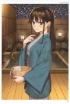  1girl absurdres artist_name bare_tree blush border brown_hair eyebrows_visible_through_hair from_side grey_kimono hand_up haori highres holding homunculus_(artist) japanese_clothes kimono lantern long_hair looking_at_viewer looking_to_the_side obi onsen parted_lips ponytail rock sash scan smile standing toranoana towel tree water white_border wooden_floor wooden_wall 