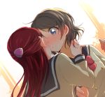  2girls blue_eyes blush bow bowtie braid couple dutch_angle embarrassed floating_hair french_braid grey_hair grey_sailor_collar hair_ornament highres long_hair long_sleeves love_live! love_live!_sunshine!! multiple_girls parted_lips red_bow red_neckwear redhead sailor_collar sakurauchi_riko school_uniform shiny shiny_hair short_hair upper_body uranohoshi_school_uniform watanabe_you yuchi_(salmon-1000) yuri 