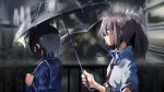  2girls ahoge bag black_hair bow bowtie bridge brown_hair car flippyz15 ground_vehicle hair_ribbon highres itai_no_wa_iya_nano_de_bougyoryoku_ni_kyokufuri_shitai_to_omoimasu long_hair looking_away maple_(bofuri) motor_vehicle multiple_girls outdoors ponytail rain ribbon road sally_(bofuri) school_bag school_uniform shared_umbrella shirt short_hair street tree umbrella wet wet_clothes wet_hair wet_shirt white_ribbon worried yuri 