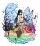  1girl animal_ear_fluff animal_ears arknights bangs beach bikini bikini_skirt black_hair blush breasts brown_eyes cooler crab food fruit groin hair_between_eyes highres holding holding_sword holding_weapon jacket long_hair looking_at_viewer medium_breasts mouth_hold navel open_clothes open_jacket pocky redhead sandals see-through solo standing stomach surfboard swimsuit sword tail texas_(arknights) thigh_strap thighs visor_cap watermelon weapon white_bikini white_jacket wolf_ears yuuki_mix 