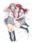  2girls :d absurdres arm_up bed_sheet black_legwear blue_eyes braid closed_mouth collarbone collared_shirt couple french_braid full_body grey_hair grey_sailor_collar grey_skirt highres holding_hands kneehighs long_hair looking_at_viewer love_live! love_live!_sunshine!! lying miniskirt multiple_girls neckerchief on_back on_side open_mouth outstretched_arm outstretched_hand pleated_skirt red_neckwear redhead sailor_collar sailor_shirt sakurauchi_riko school_uniform shiny shiny_hair shirt short_hair short_sleeves skirt smile uranohoshi_school_uniform watanabe_you white_shirt yellow_eyes yuchi_(salmon-1000) 