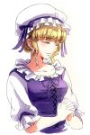  1girl alouette_(la_danse_macabre) blonde_hair closed_eyes dress hands_clasped hat hat_ribbon hirumae la_danse_macabre mob_cap own_hands_together praying puffy_sleeves ribbon solo 