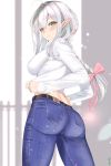  1girl ass belt bow braid breasts closed_mouth covered_nipples denim elf green_eyes hair_bow hair_ornament highres jeans large_breasts long_hair looking_at_viewer looking_back muka_tsuku nail_polish original pants pointy_ears silver_hair smile sweater 