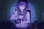  1boy ako_(td110349-7517) apple bangs candle chair checkered checkered_scarf cup dangan_ronpa drinking_glass food fruit hair_between_eyes holding holding_knife knife knife_game long_sleeves male_focus new_dangan_ronpa_v3 ouma_kokichi plate purple_hair scarf sitting smile solo straitjacket table violet_eyes wine_glass 