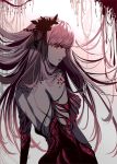  1girl bangs berryverrine body_markings breasts facial_mark flower from_behind hair_flower hair_ornament hand_on_hip highres living_clothes long_hair looking_at_viewer looking_back medium_breasts open_mouth original pink_hair red_eyes sidelocks solo very_long_hair 