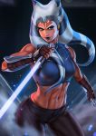  1girl abs ahsoka_tano alien blue_eyes blue_sports_bra breasts brown_gloves clenched_hands dandon_fuga dual_wielding elbow_gloves energy_sword fingerless_gloves gloves headpiece highres holding jedi jedi_knight lightsaber lipstick looking_at_viewer makeup navel orange_skin pants purple_lipstick reverse_grip smile sports_bra star_wars star_wars:_the_clone_wars sword tentacle_hair thick_thighs thighs tight tight_pants togruta toned vambraces weapon 