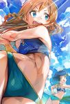  2girls :d abs absurdres ass bangs bikini blue_bikini blue_eyes blue_hair blue_sky braid breasts brown_hair clouds code-aa cowboy_shot day from_below from_side highres idolmaster idolmaster_million_live! kousaka_umi long_hair medium_breasts multiple_girls nanao_yuriko navel open_mouth outdoors round_teeth short_hair side_braid sky sleeveless smile sunlight swimsuit teeth thighs twin_braids yellow_eyes 