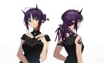  1girl arknights bangs bare_shoulders black_dress braid braided_ponytail closed_mouth collarbone dress hair_bun hair_tie_in_mouth hairlocs hand_up highres hohoanime horns lava_(arknights) medium_hair mouth_hold multiple_views pointy_ears purple_hair shoulder_tattoo sidelocks smile tattoo violet_eyes 