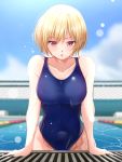  1girl :o arm_support bangs bare_arms blonde_hair blue_sky blush breasts clouds collarbone competition_swimsuit covered_navel eyebrows_visible_through_hair fence highres idolmaster idolmaster_shiny_colors k-chitsu large_breasts looking_at_viewer one-piece_swimsuit open_mouth outdoors pool poolside saijou_juri short_hair sky sleeveless solo swimsuit violet_eyes wet wet_clothes wet_hair wet_swimsuit 