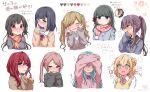  !? ... 6+girls ? @_@ ^_^ anzu_ame arms_up bangs black_hair black_sailor_collar black_shirt black_sweater blonde_hair blue_eyes blue_neckwear blush bow brown_cardigan brown_eyes brown_hair brown_scarf brown_sweater cardigan closed_eyes closed_mouth collared_shirt commentary_request cropped_torso crossed_arms double_bun dress_shirt ear_blush embarrassed eyebrows_visible_through_hair flying_sweatdrops fringe_trim full-face_blush green_eyes grey_sweater hair_bow hair_ornament hair_scrunchie hairclip hands_on_own_face hands_up heart long_sleeves multiple_girls neck_ribbon nose_blush open_mouth original parted_lips pink_cardigan pink_scrunchie ponytail red_bow red_eyes red_ribbon redhead ribbon sailor_collar scarf scrunchie shirt silver_hair simple_background sleeves_past_wrists spoken_interrobang spoken_question_mark sweater sweater_vest swept_bangs translation_request trembling twintails upper_body wavy_mouth white_background white_sailor_collar white_shirt 